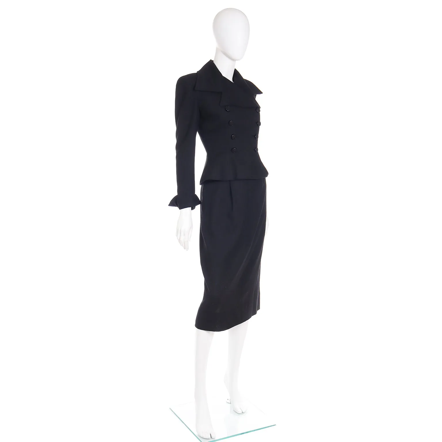 1947 Adele Simpson Documented Black Wool Cinched Waist Jacket w Skirt