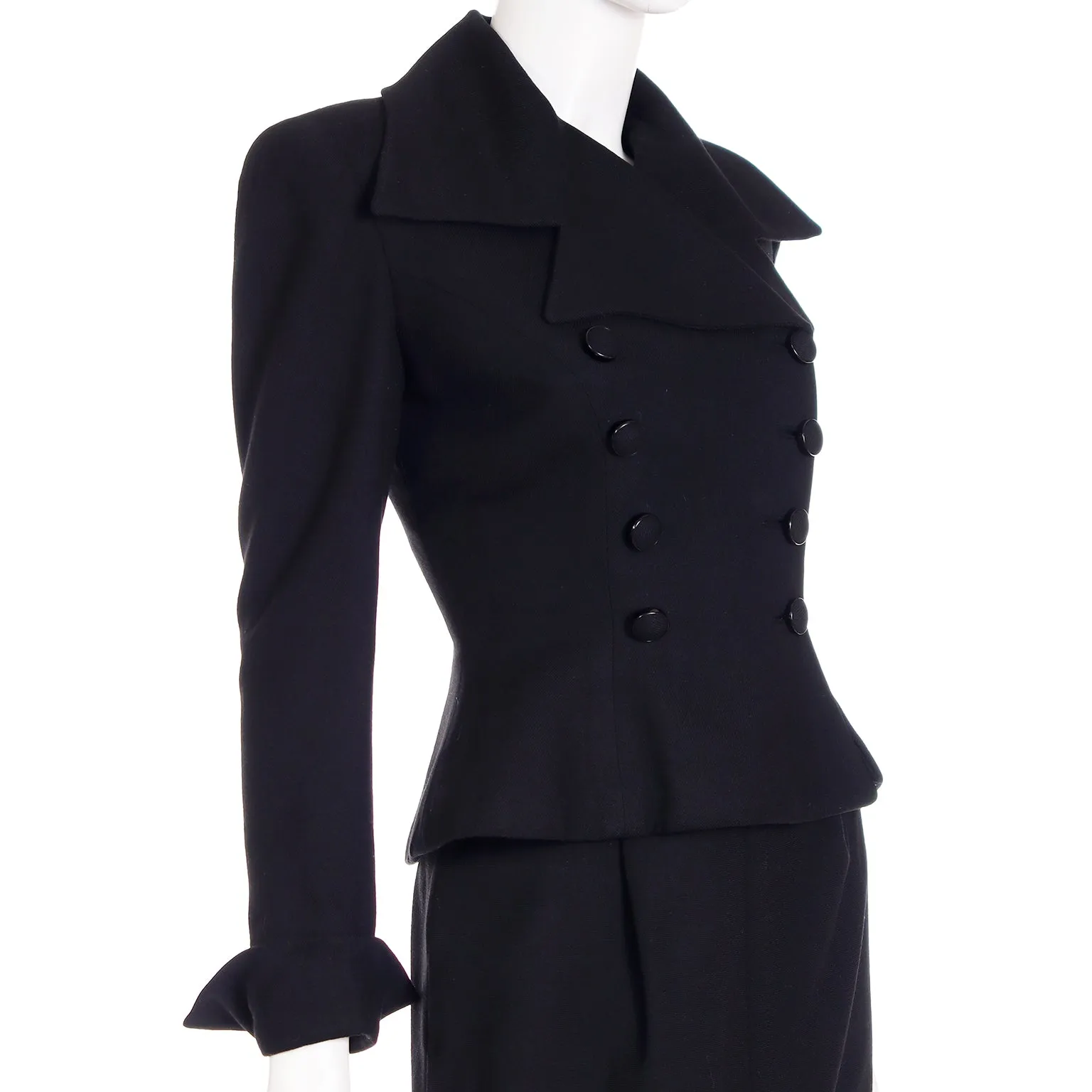 1947 Adele Simpson Documented Black Wool Cinched Waist Jacket w Skirt