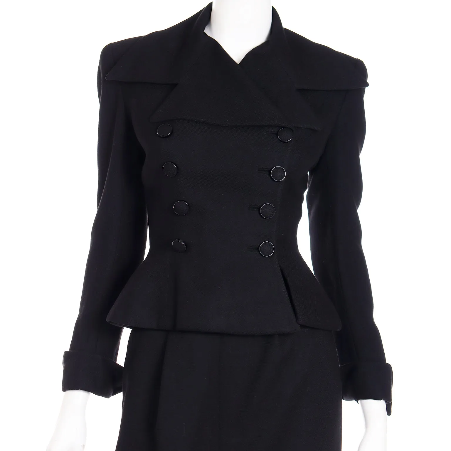 1947 Adele Simpson Documented Black Wool Cinched Waist Jacket w Skirt