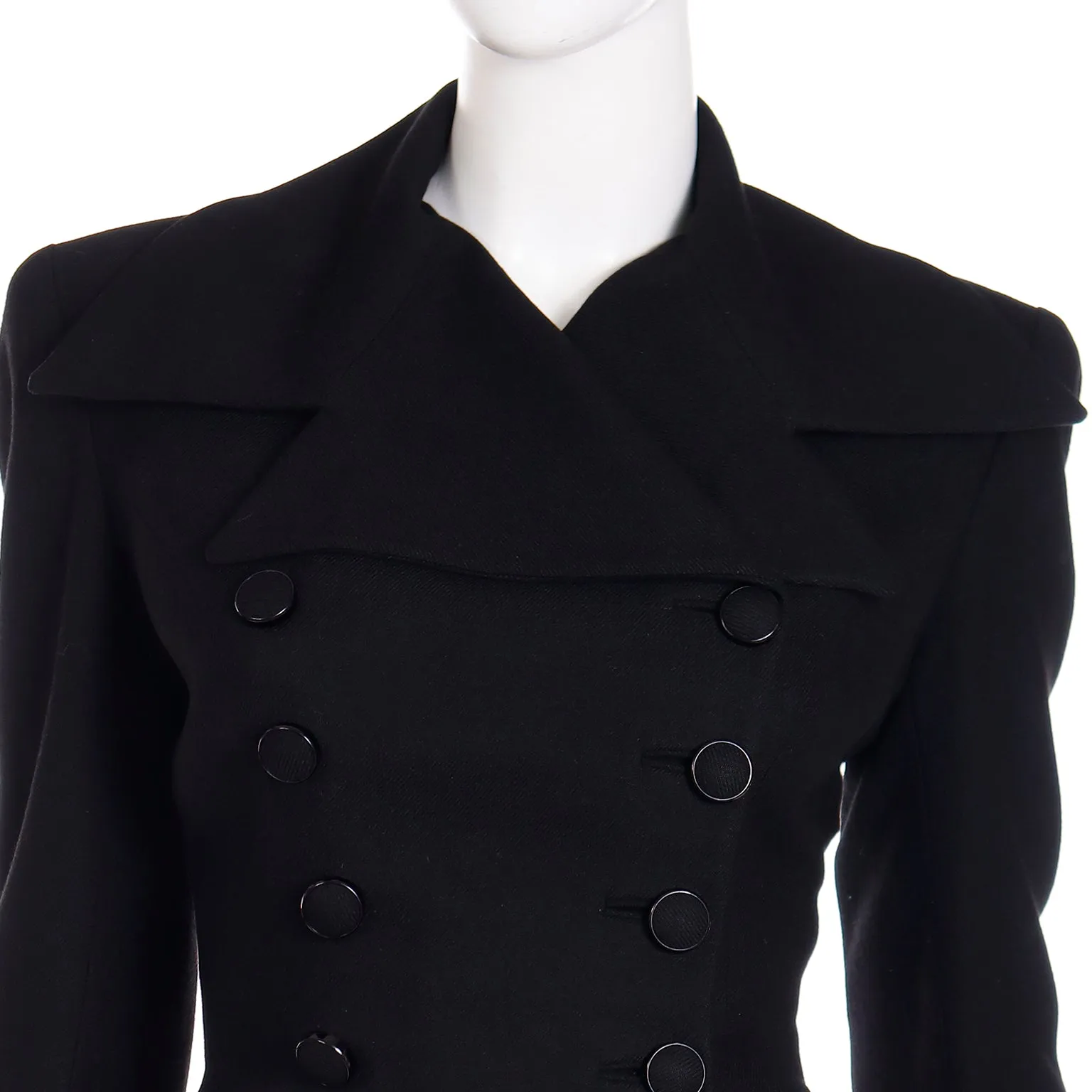 1947 Adele Simpson Documented Black Wool Cinched Waist Jacket w Skirt