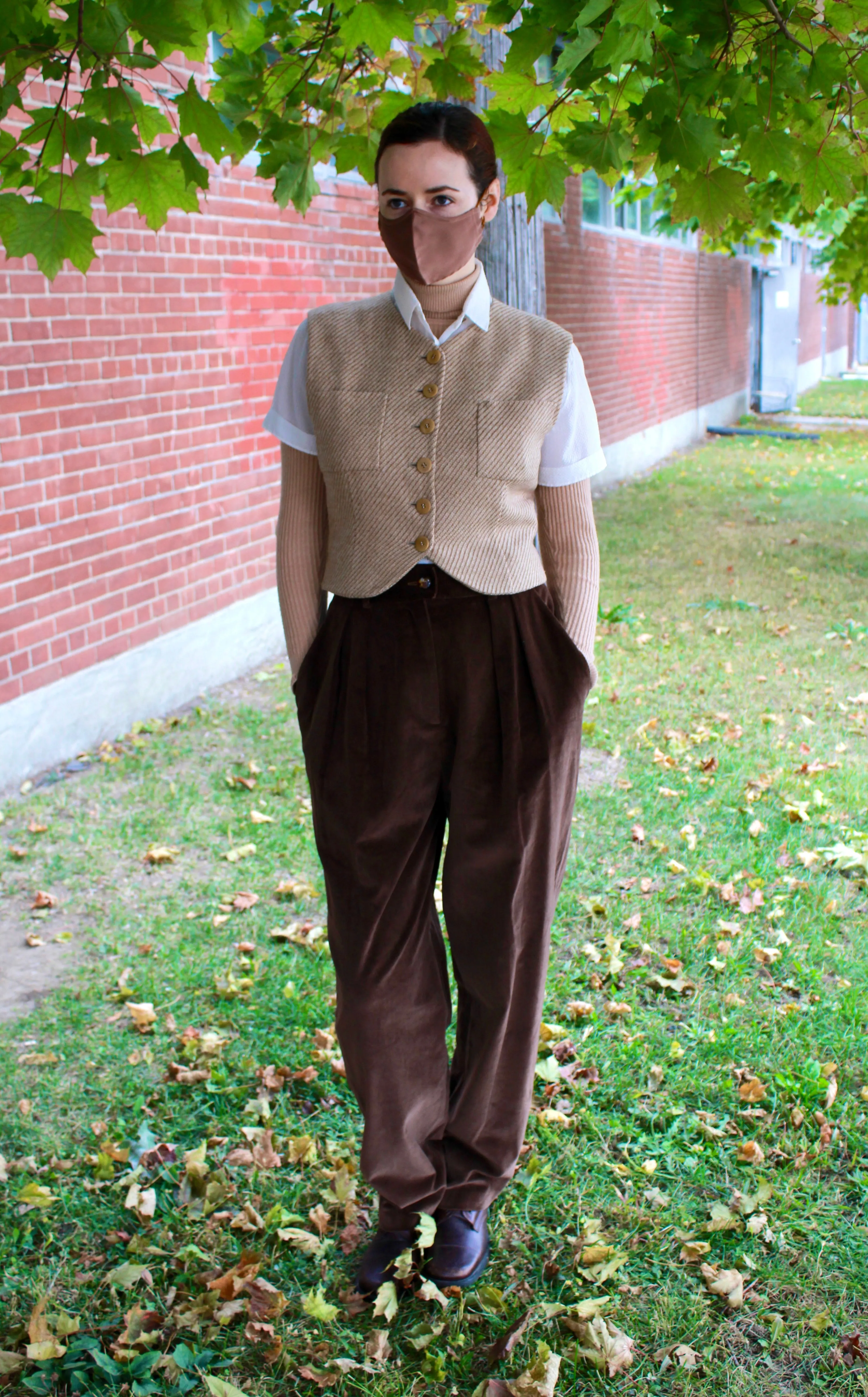 1990s Designer Wool/ Camel Beige Stripe Jacket and Vest Set, Small