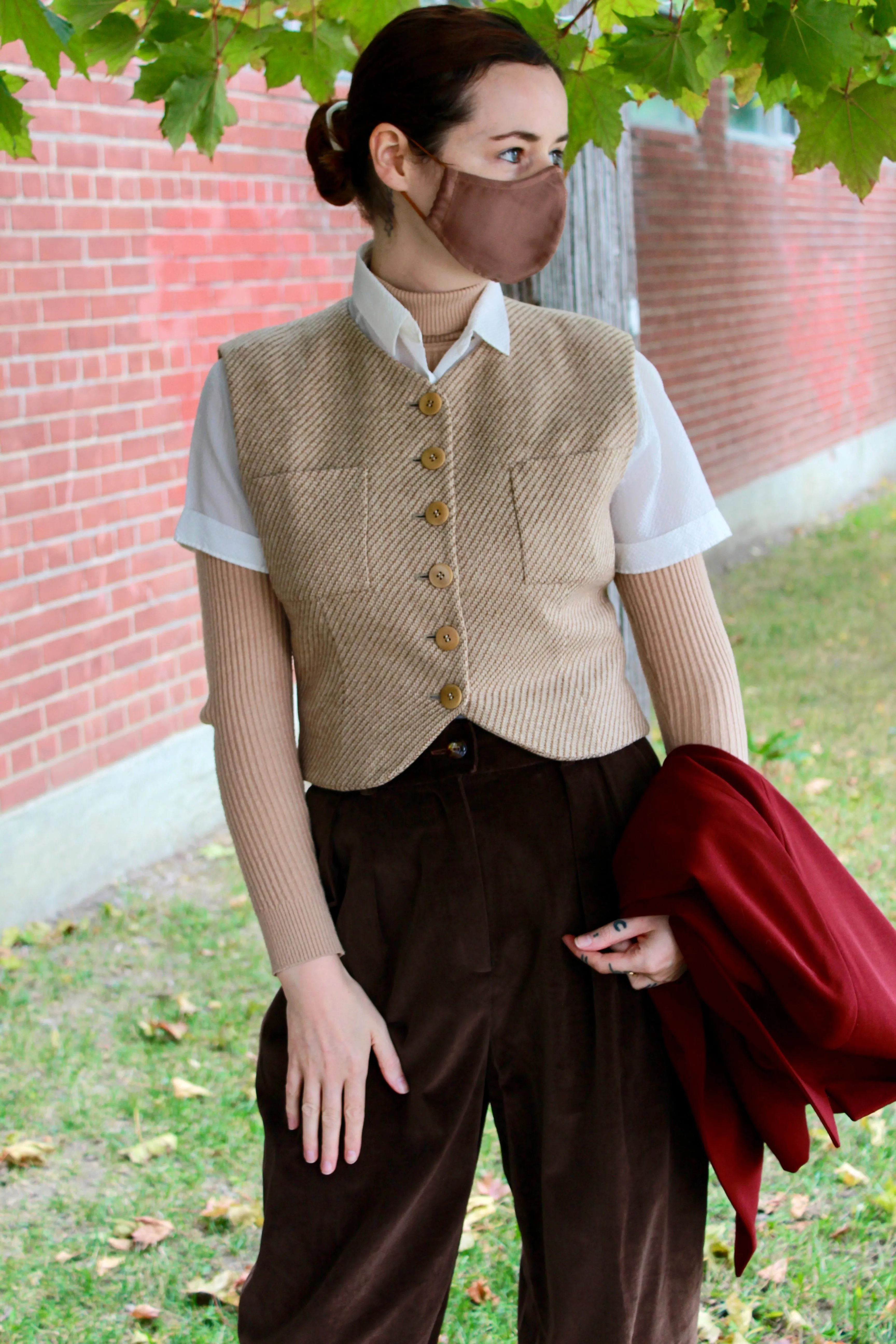 1990s Designer Wool/ Camel Beige Stripe Jacket and Vest Set, Small