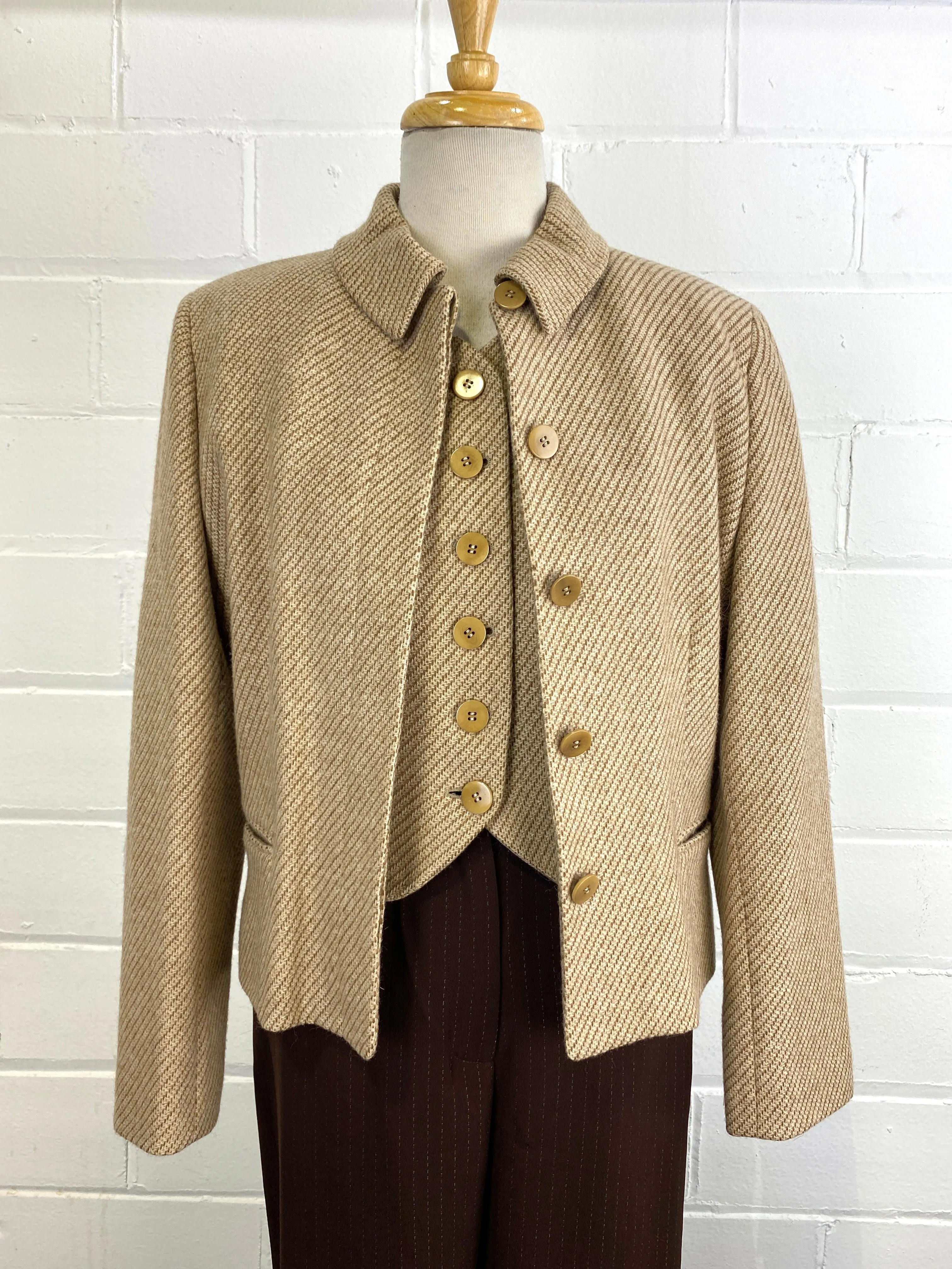 1990s Designer Wool/ Camel Beige Stripe Jacket and Vest Set, Small