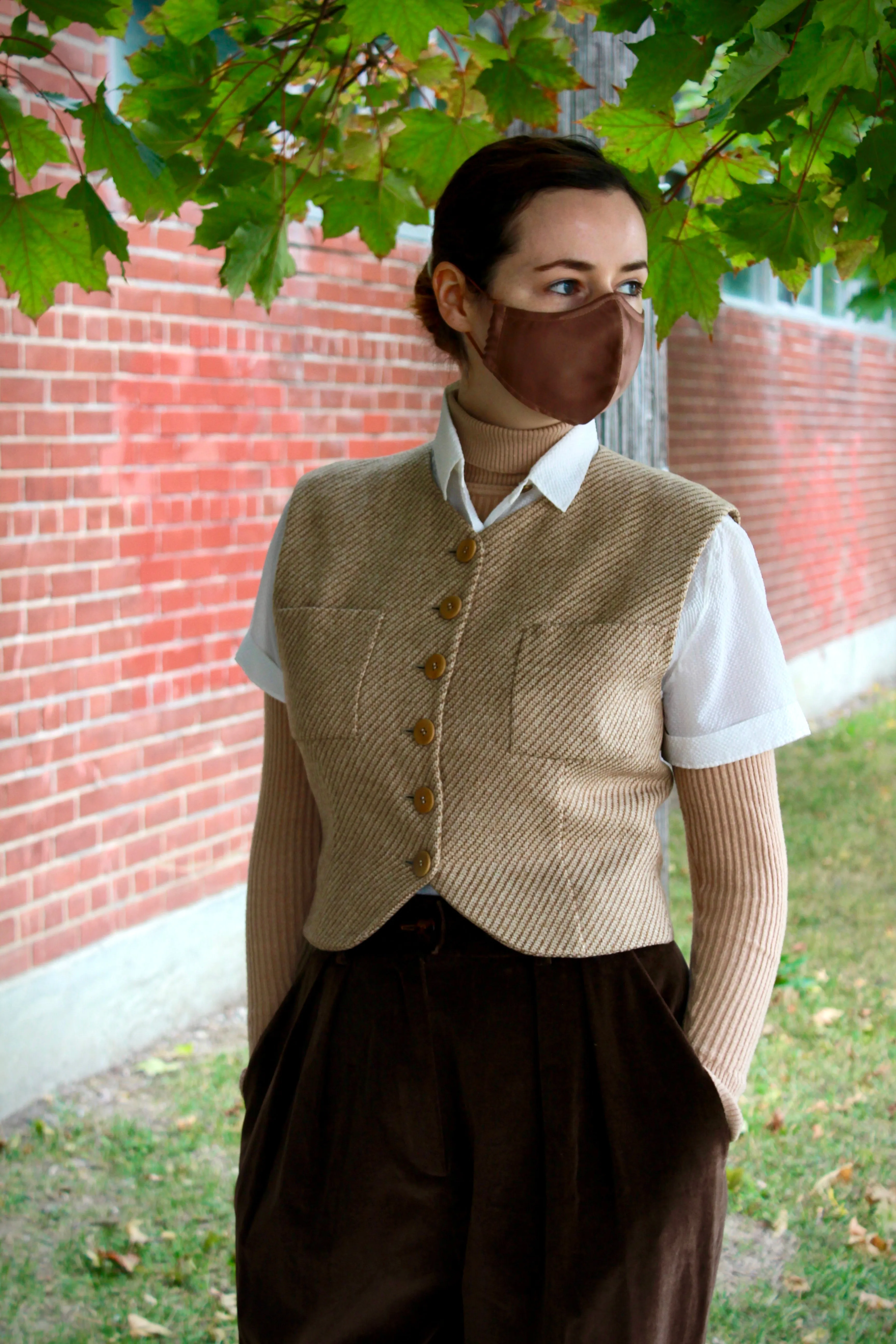 1990s Designer Wool/ Camel Beige Stripe Jacket and Vest Set, Small