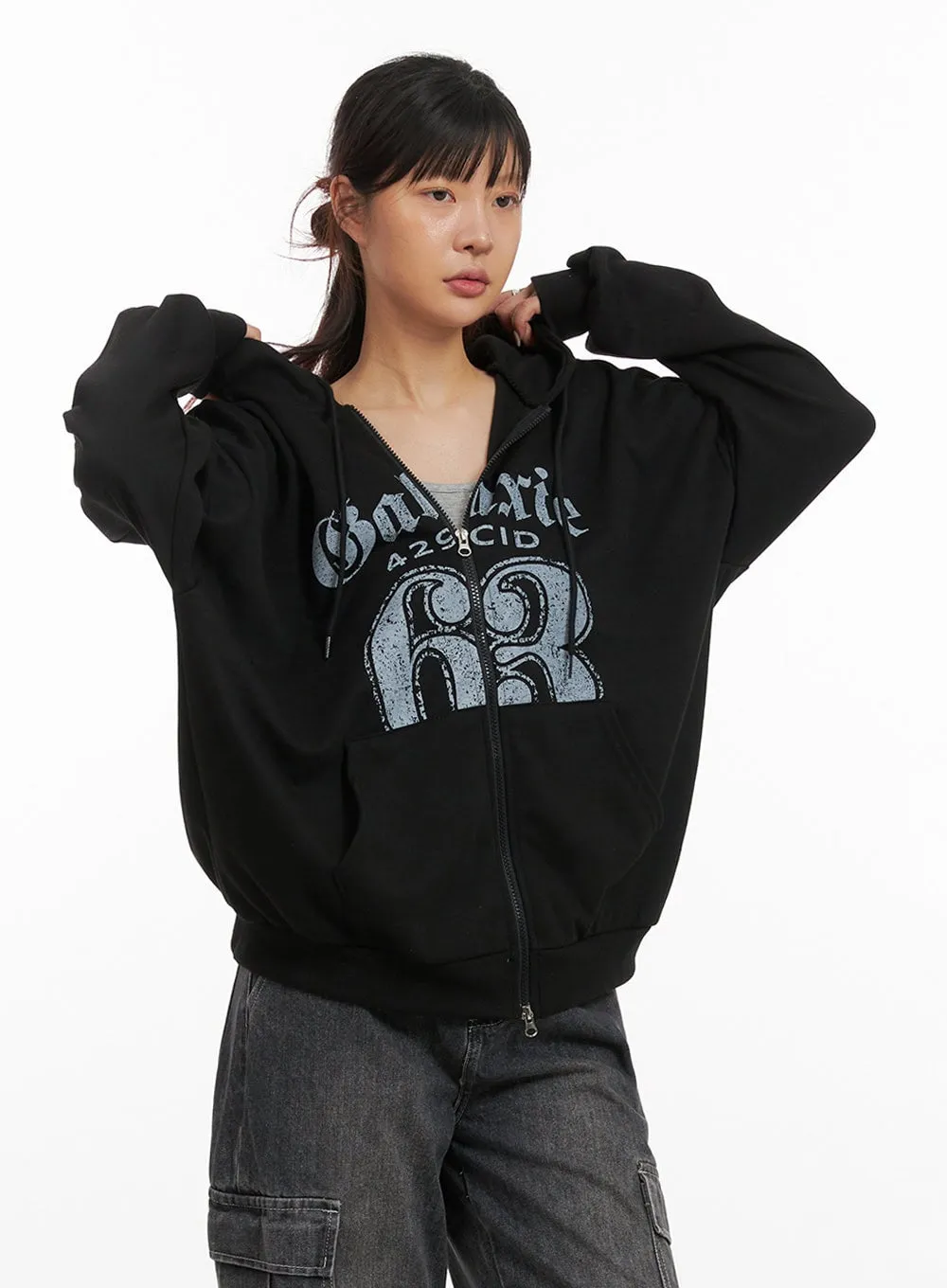 Acubi Graphic Oversized Zip-Up Hoodie IY410