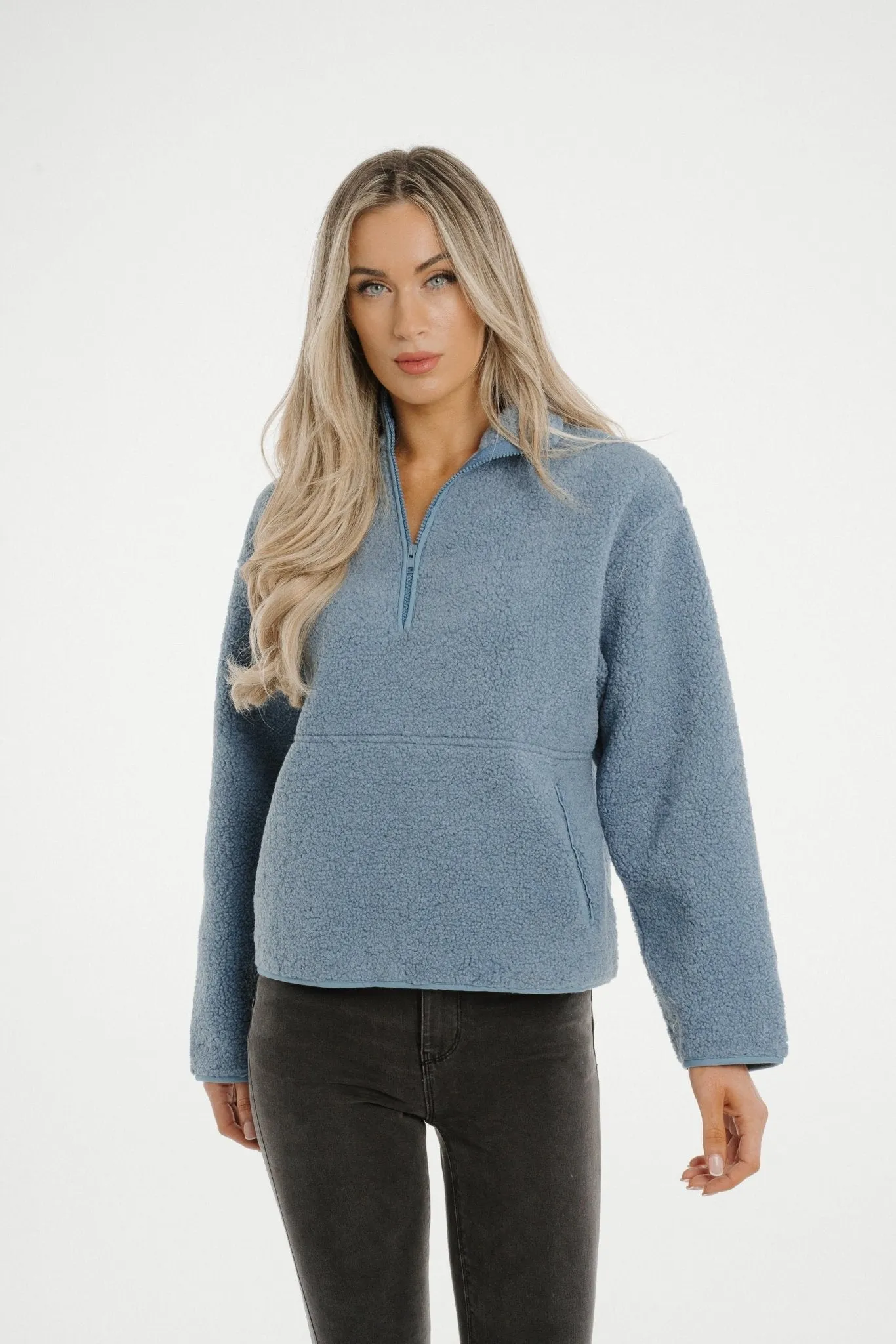 Ally Half Zip Faux Shearling Jacket In Blue