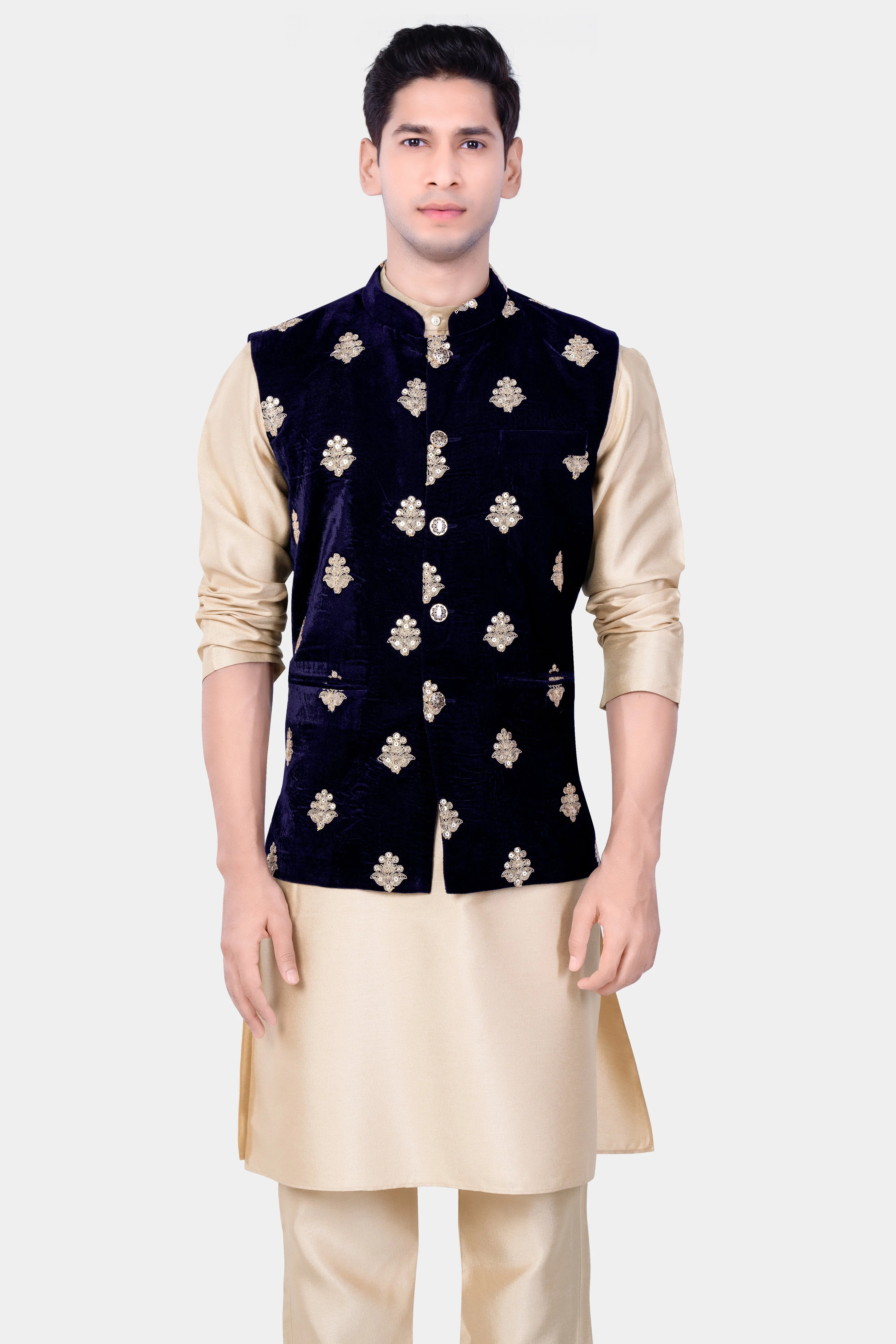 Almond Brown Kurta Set With Cinder Blue Designer Velvet Sequin And Thread Embroidered Nehru Jacket