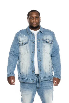 Big and Tall Bleached Detail Semi Basic Jean Jacket - Ocean Blue