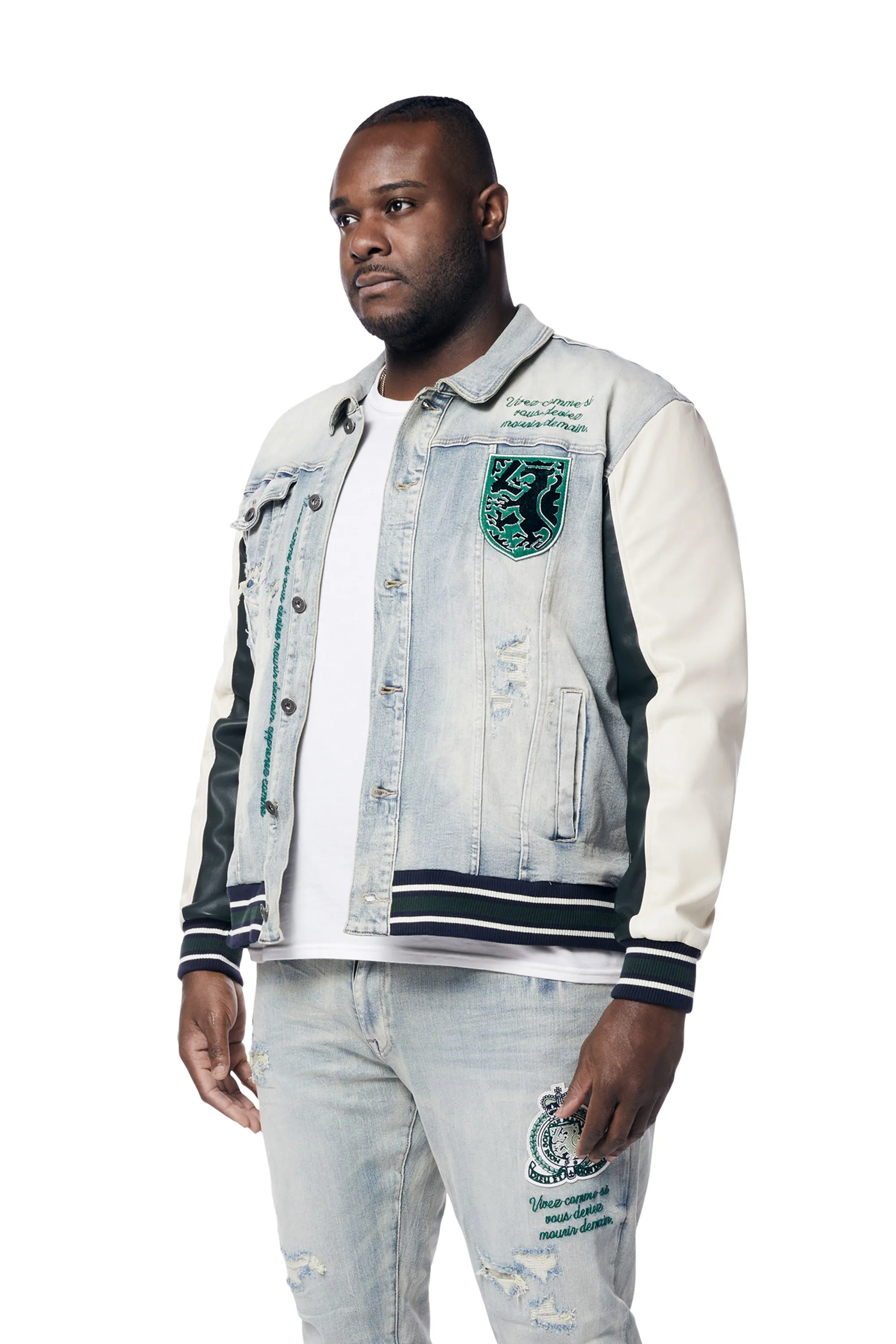 Big and Tall - Preppy Crest Embroidered Jean Jacket - Cascade Blue