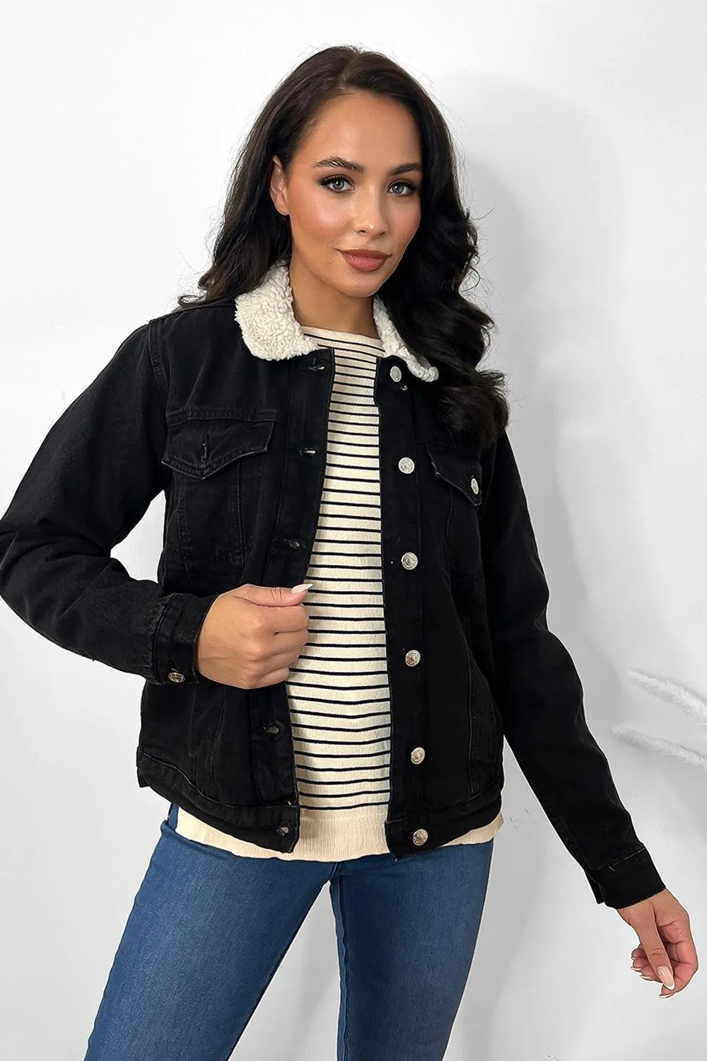 Black Vegan Shearling Denim Jacket