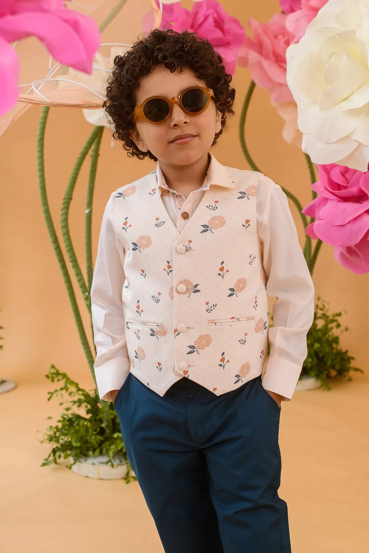 Blossom Orchard- Printed Cotton Satin Waistcoat For Boys