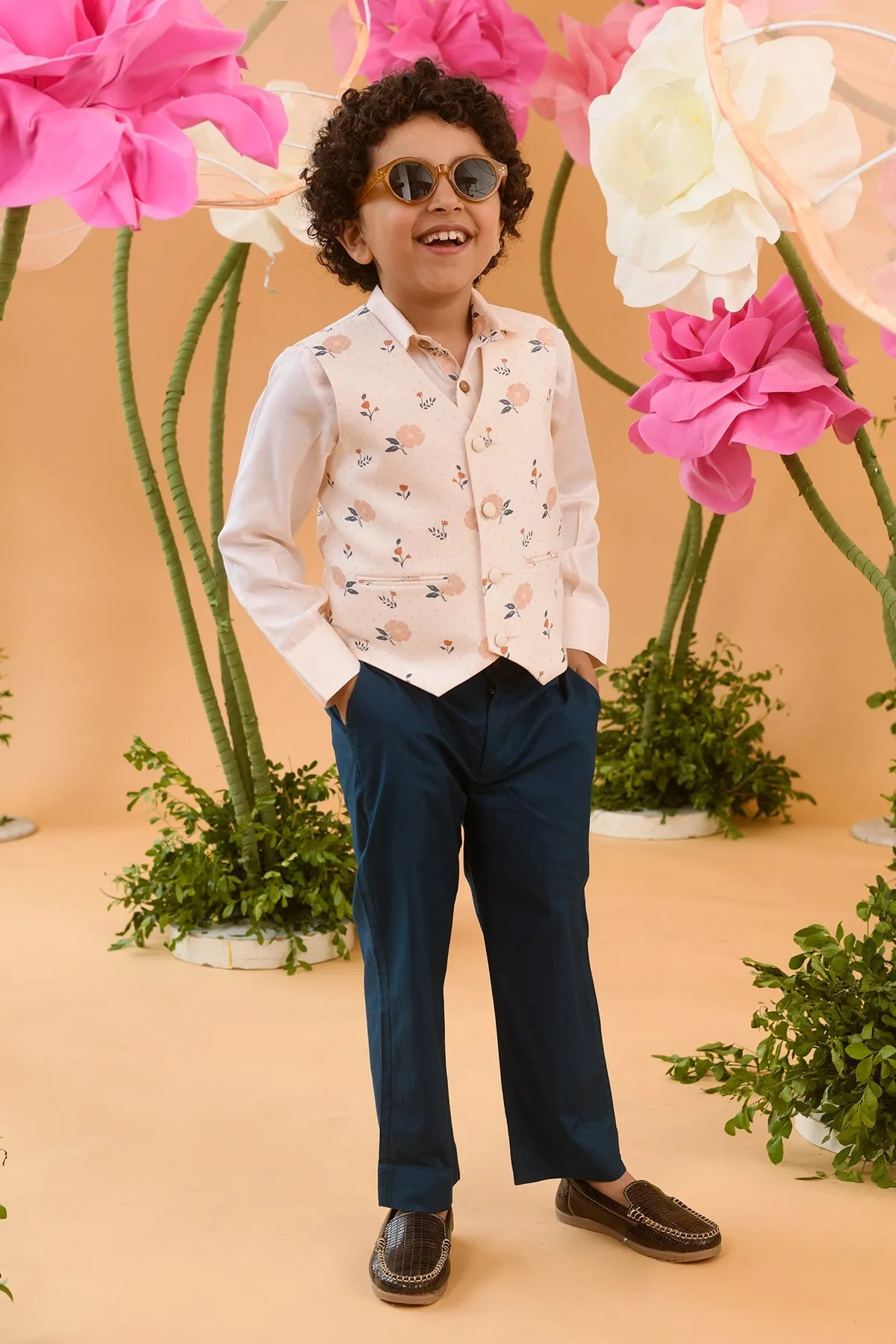 Blossom Orchard- Printed Cotton Satin Waistcoat For Boys