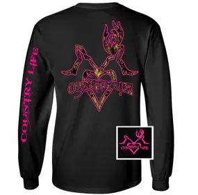 Country Life Outfitters Black & Pink Deer Kiss Heart Love Hunt Vintage Long Sleeve Bright T Shirt