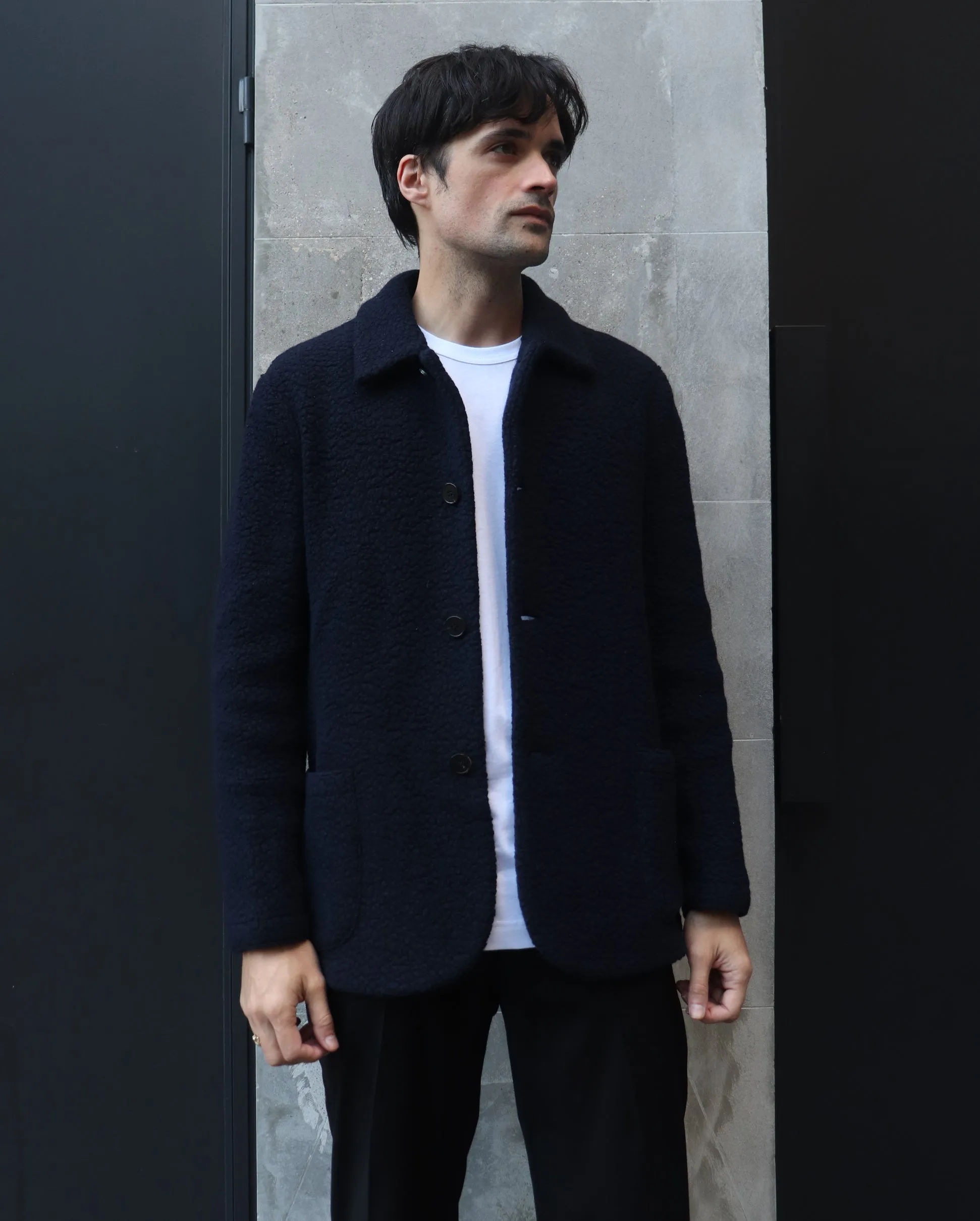 DROPPED SHOULDER JACKET BOUCLE / NAVY BLUE