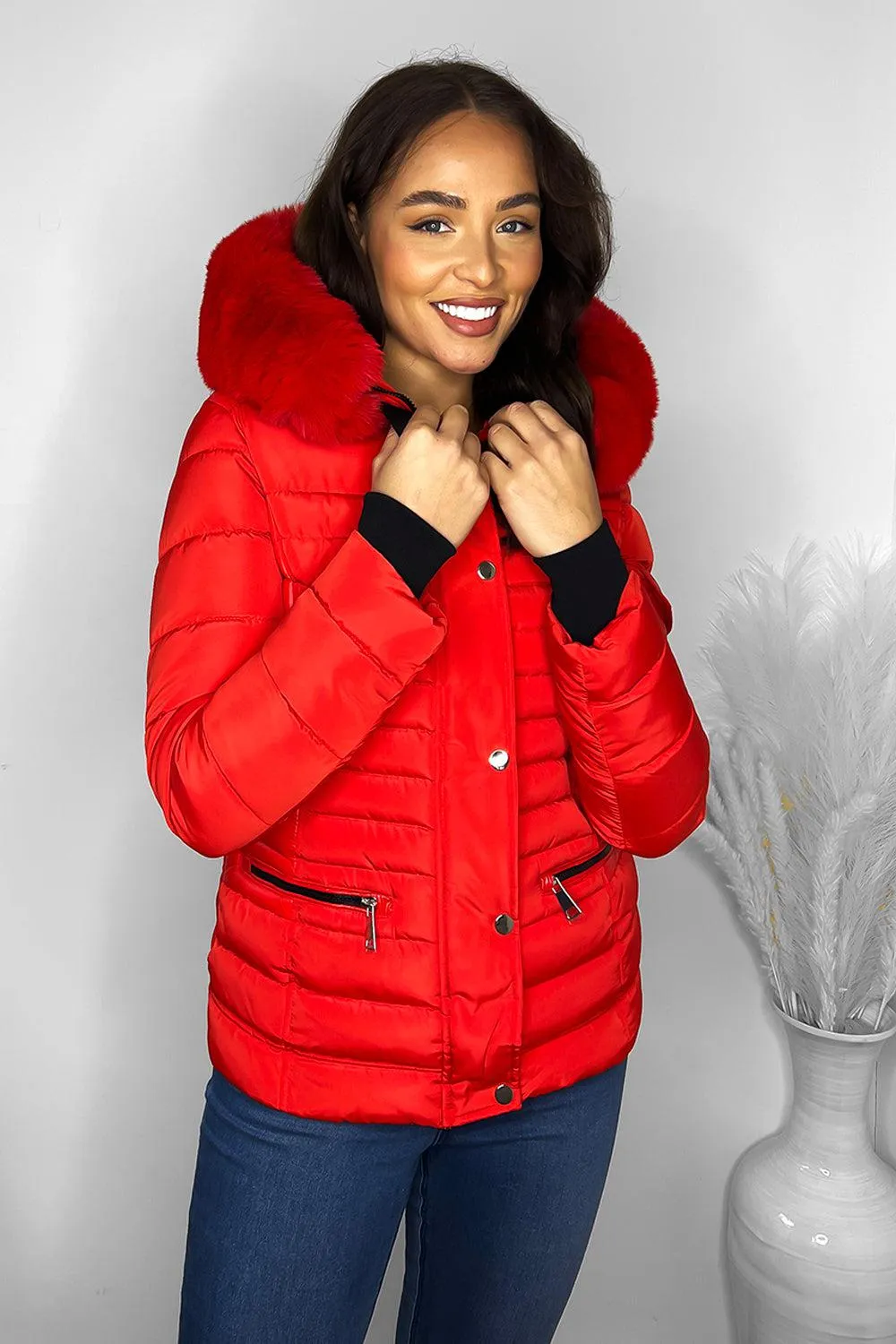 Faux Fur Trimmed Hoodie Belted And Quilted Winter Jacket