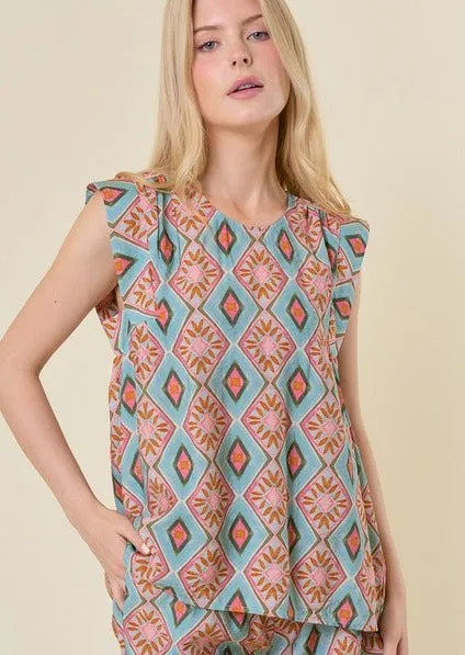 FINAL SALE - Turquoise Printed Top