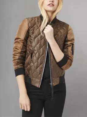 Jemma Simmons Agents Of Shield Brown Satin Quilted Bomber Jacket