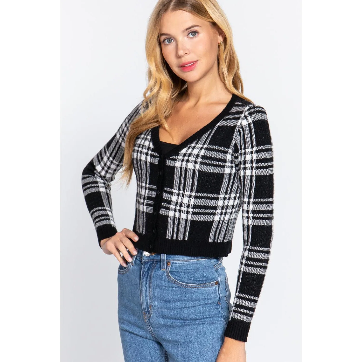 Long Sleeve V-neck Fitted Button Down Plaid Sweater Cardigan