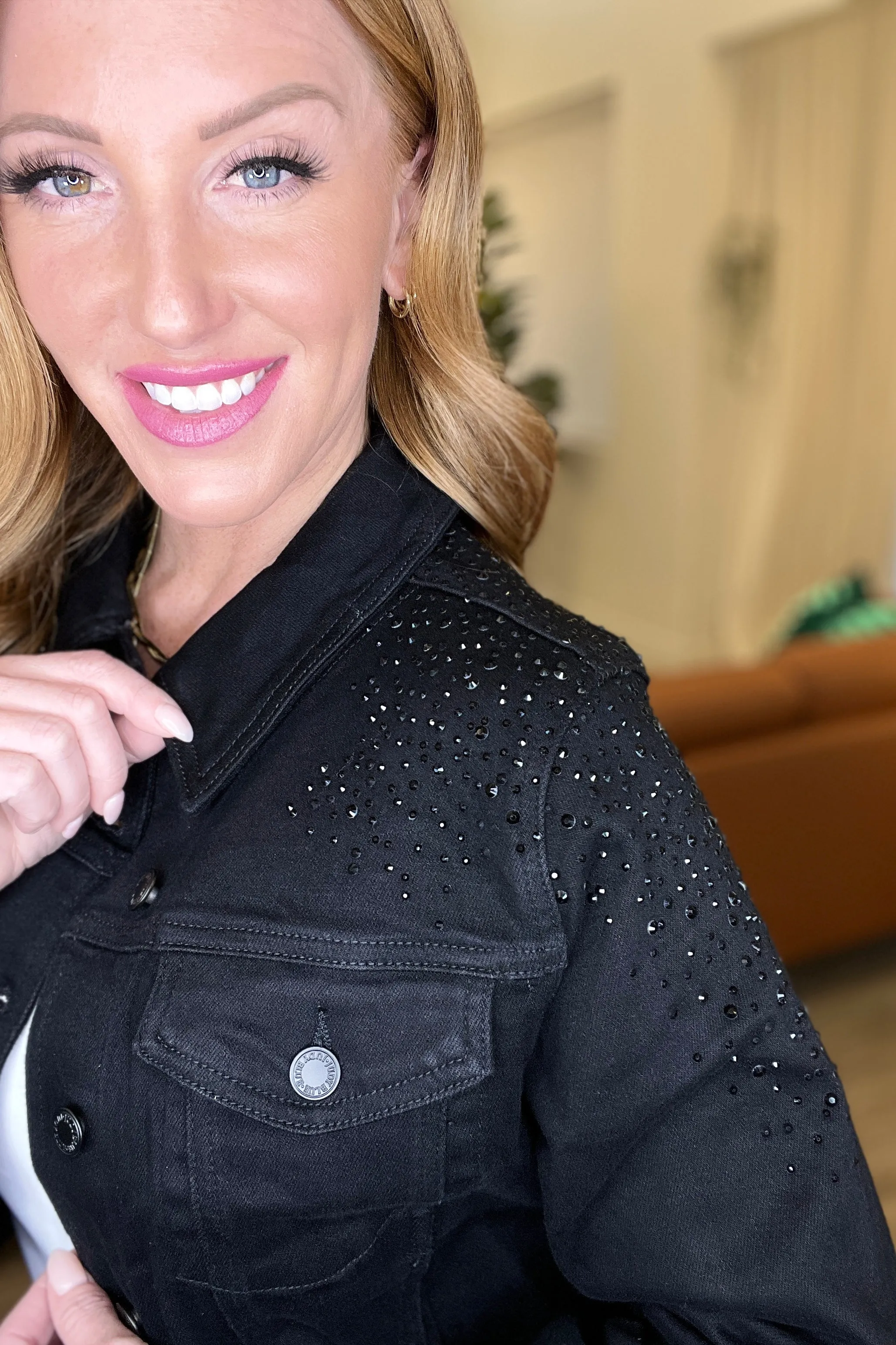 Reese Rhinestone Denim Jacket in Black by Judy Blue