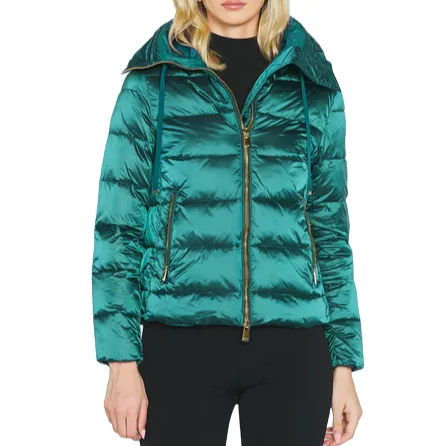 Relish Proxima Centauri women's down jacket in satin long sleeve with hood and green drawstring