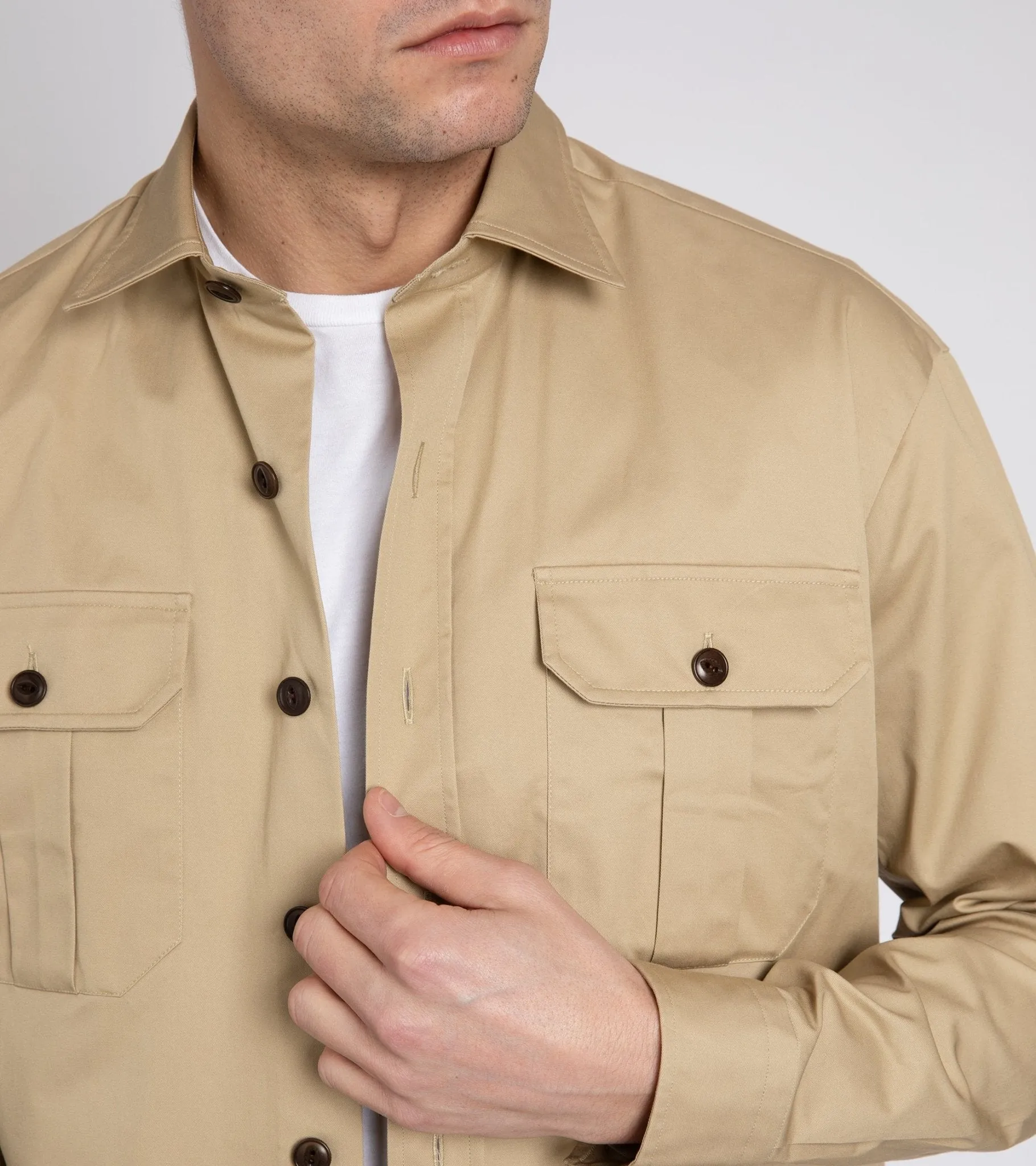 Salvatore Piccolo Cotton Gabardine Military Shirt: Tan