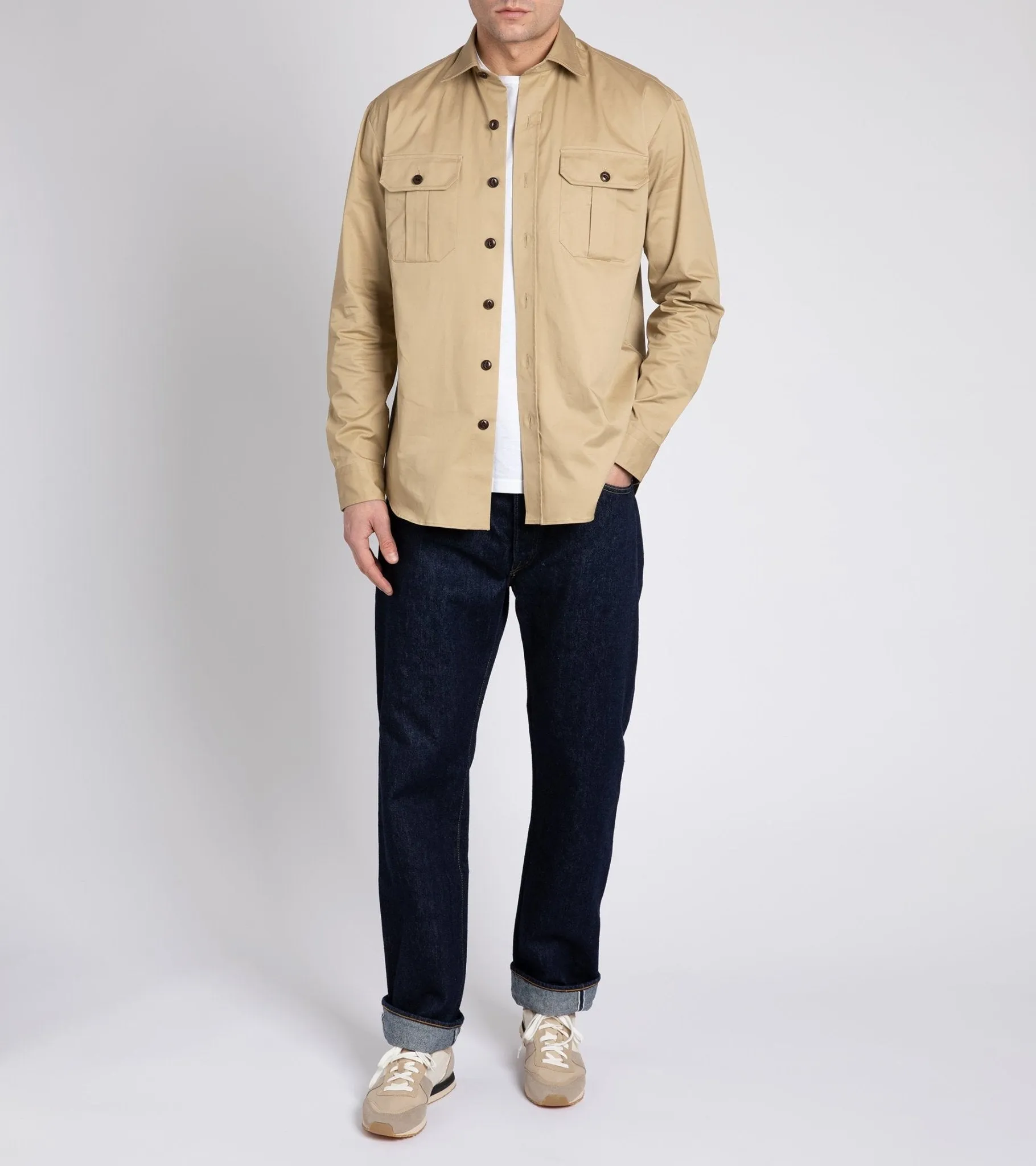 Salvatore Piccolo Cotton Gabardine Military Shirt: Tan