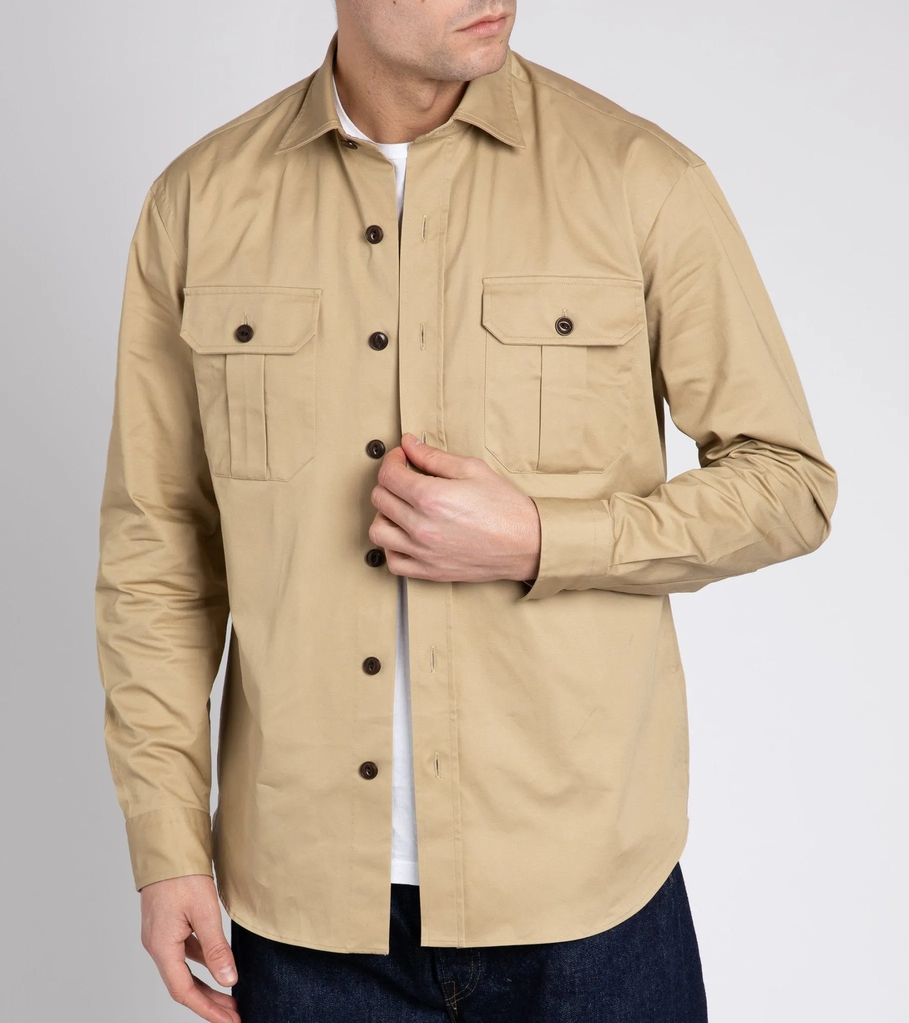 Salvatore Piccolo Cotton Gabardine Military Shirt: Tan