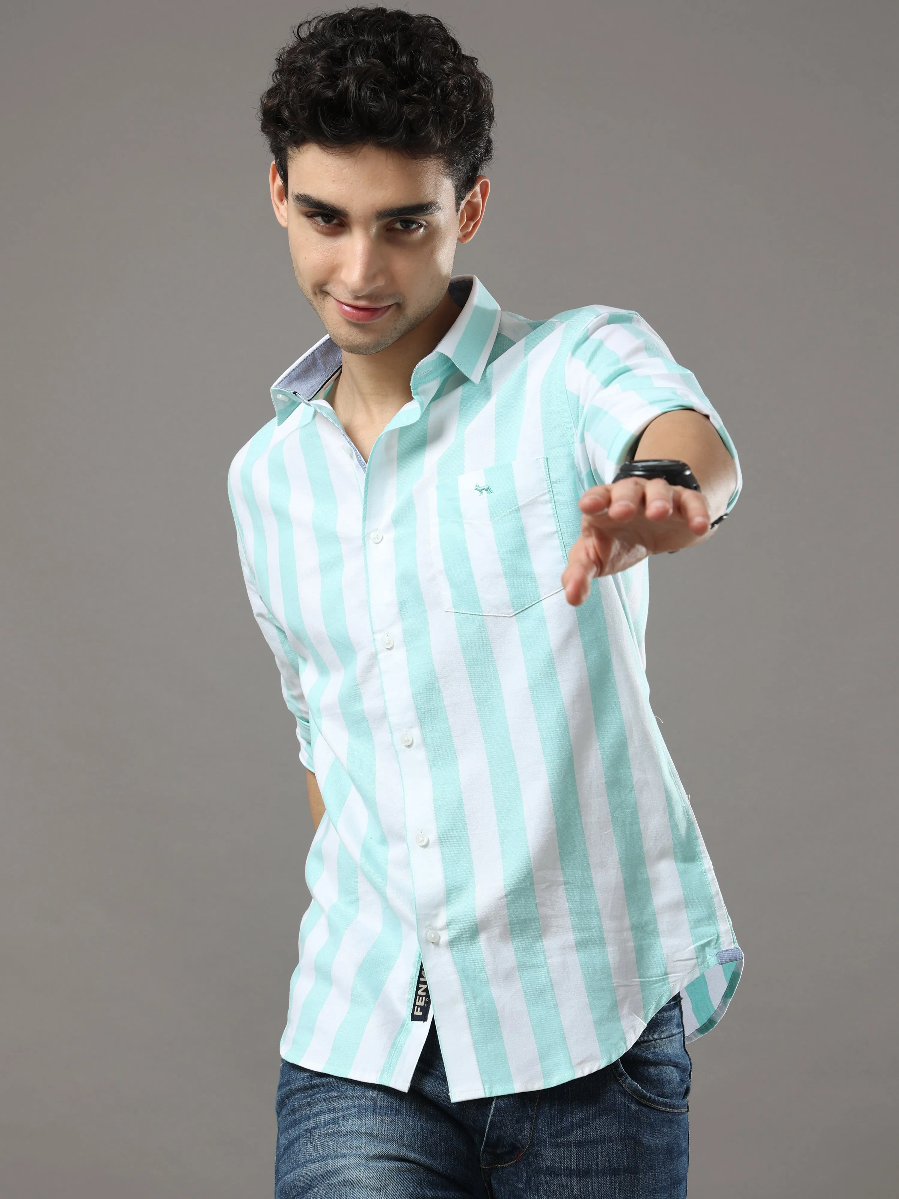 Sea Green And White Stripes Shirt