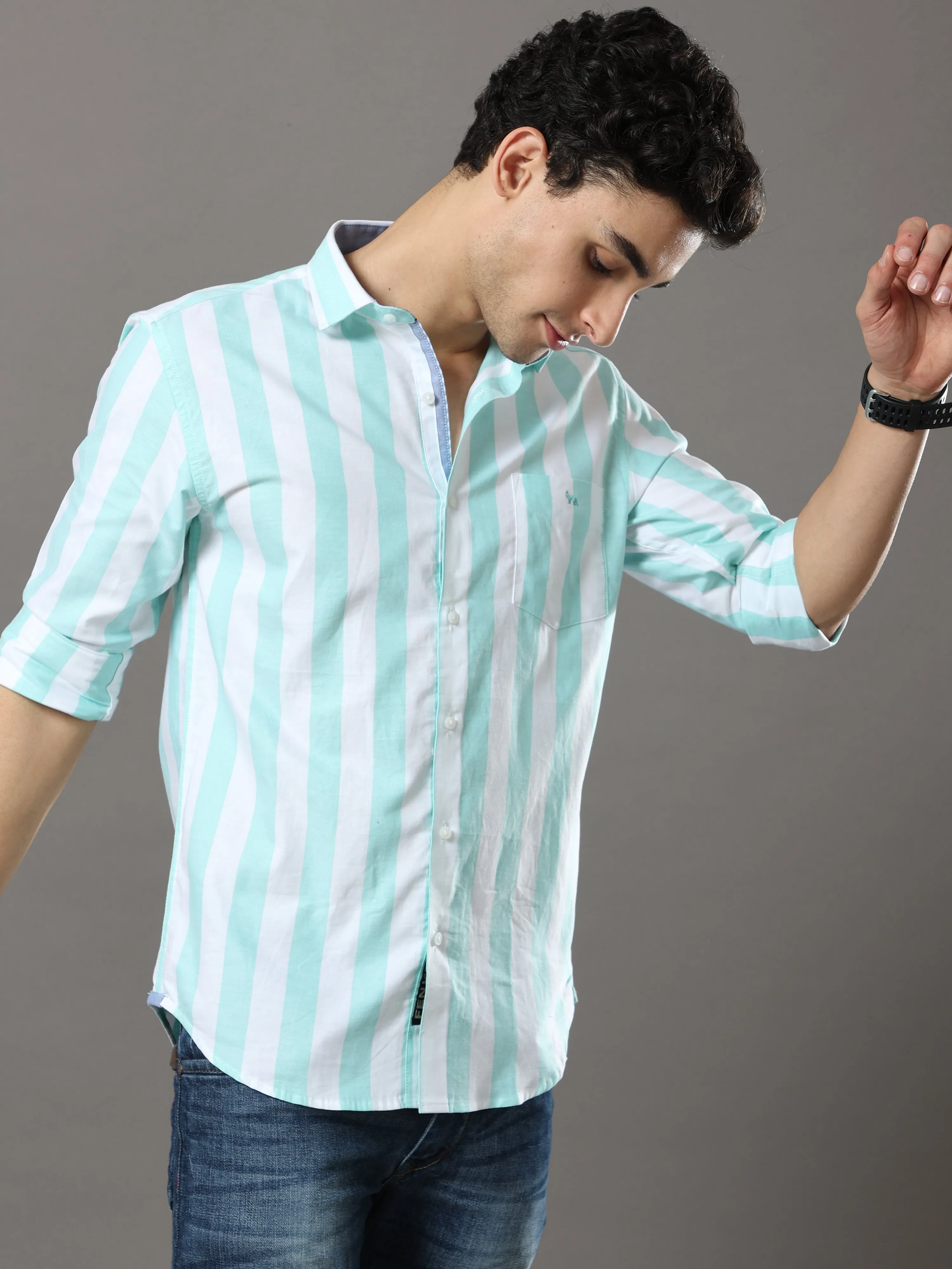 Sea Green And White Stripes Shirt