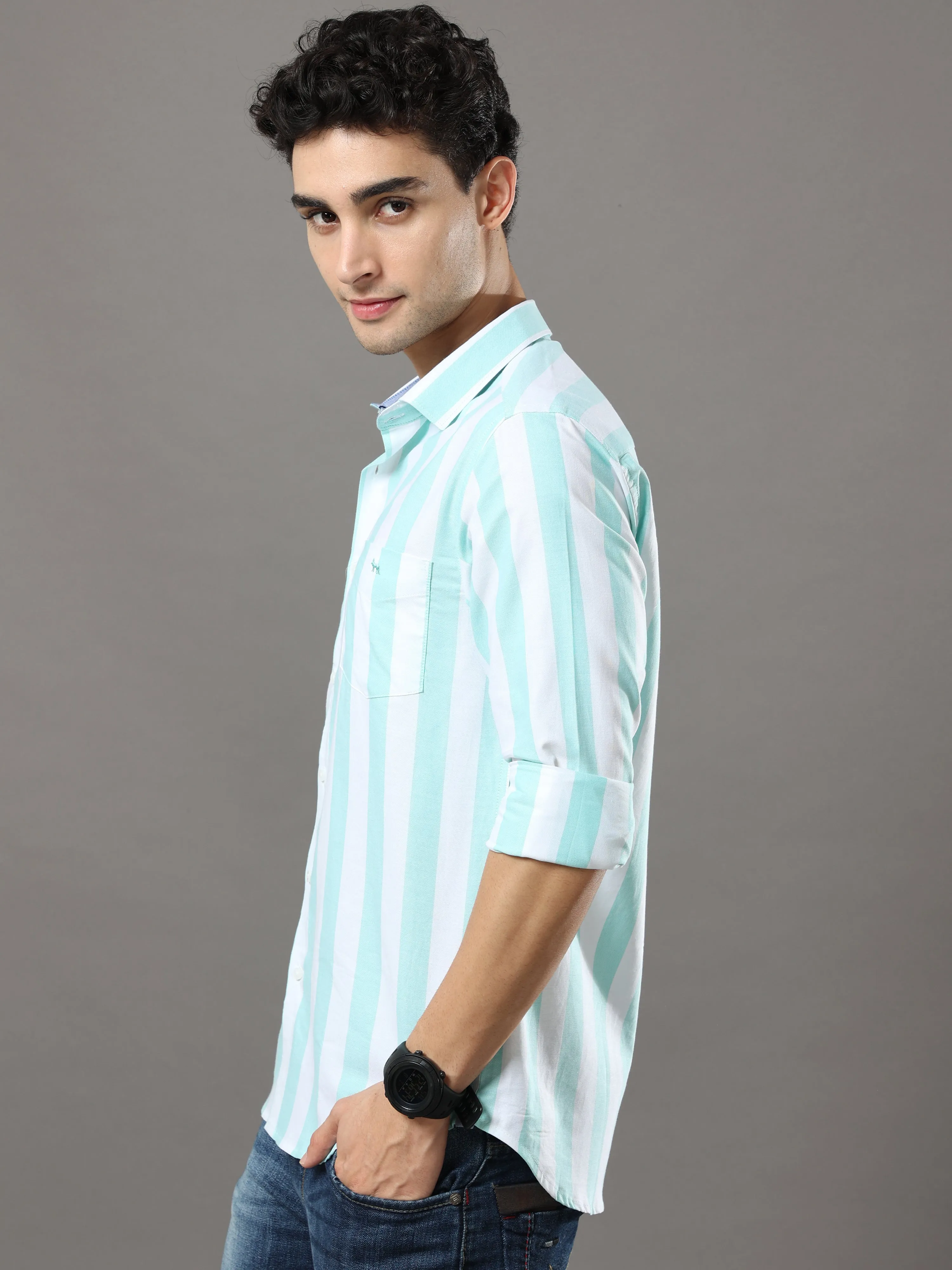 Sea Green And White Stripes Shirt