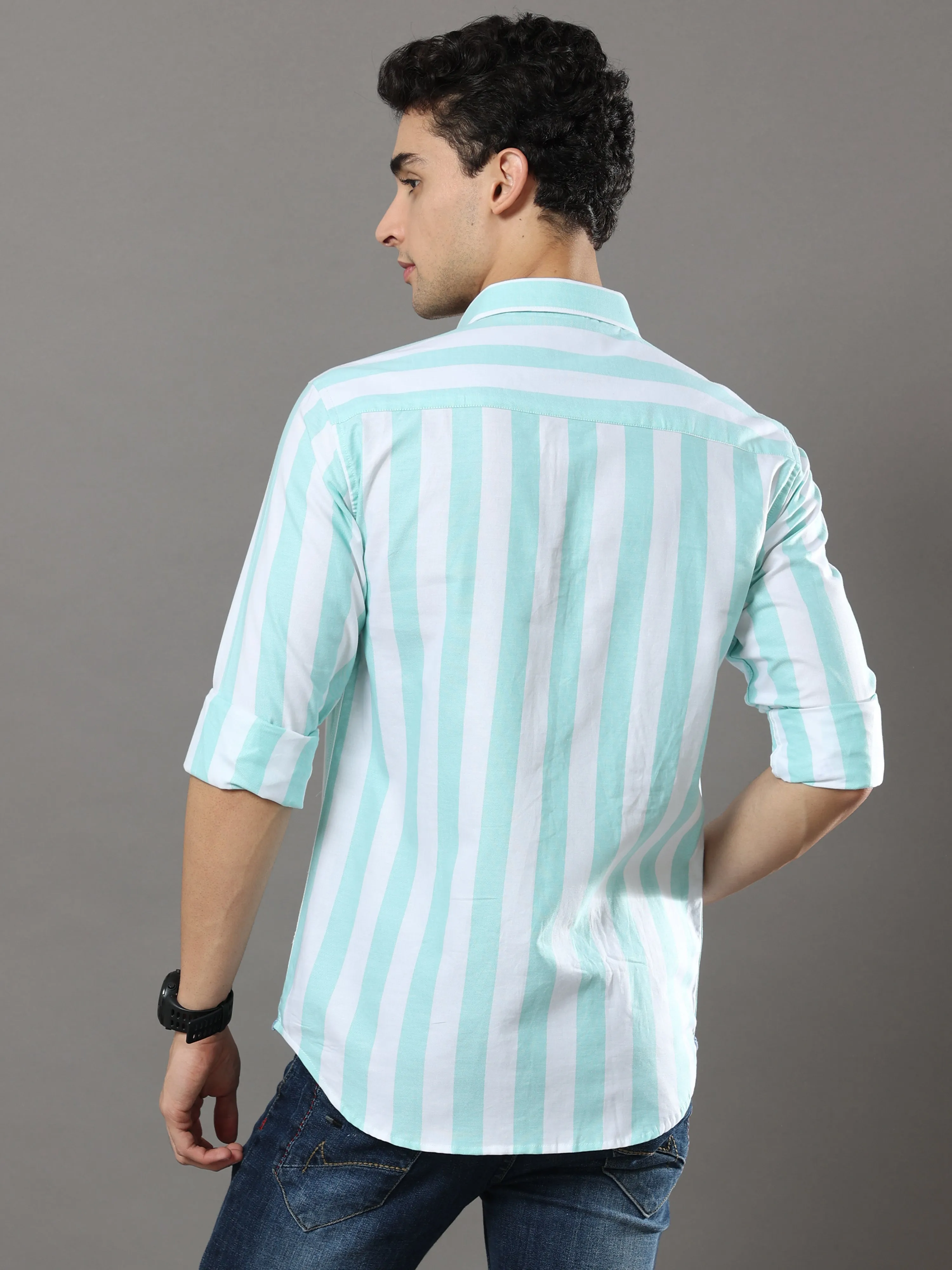 Sea Green And White Stripes Shirt