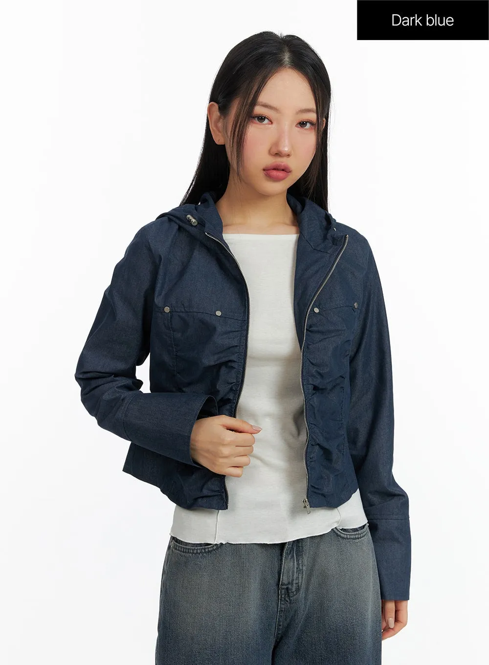 Shirring Hooded Zip-Up Bomber Jacket CF408