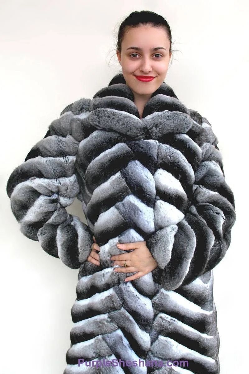 Stunning Black Velvet Genuine Chinchilla Fur Coat S/M