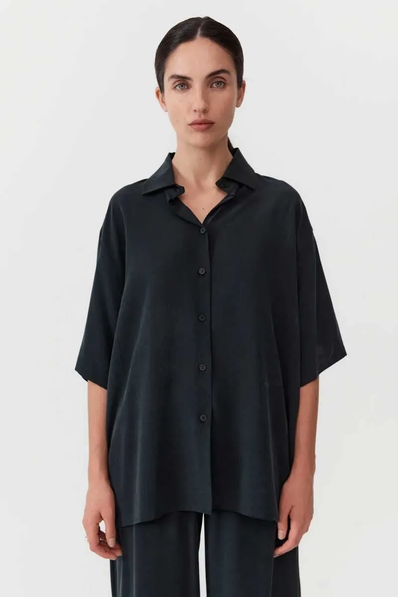 UNISEX SILK SHIRT-WASHED BLACK