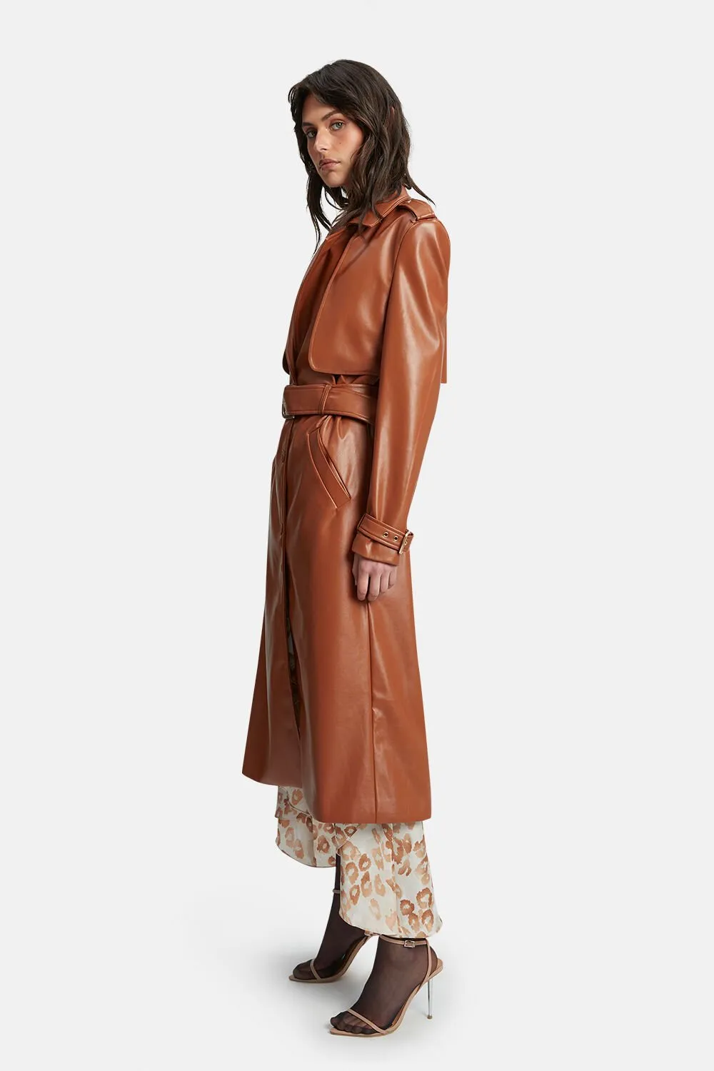 Vegan Leather Trench Coat - Tan