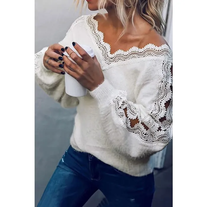 White Open Lacework Soft Sweater