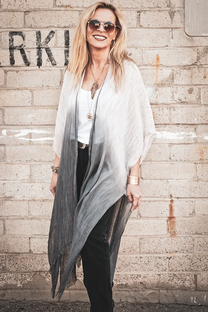 White to Charcoal Ombre Open Front Kimono