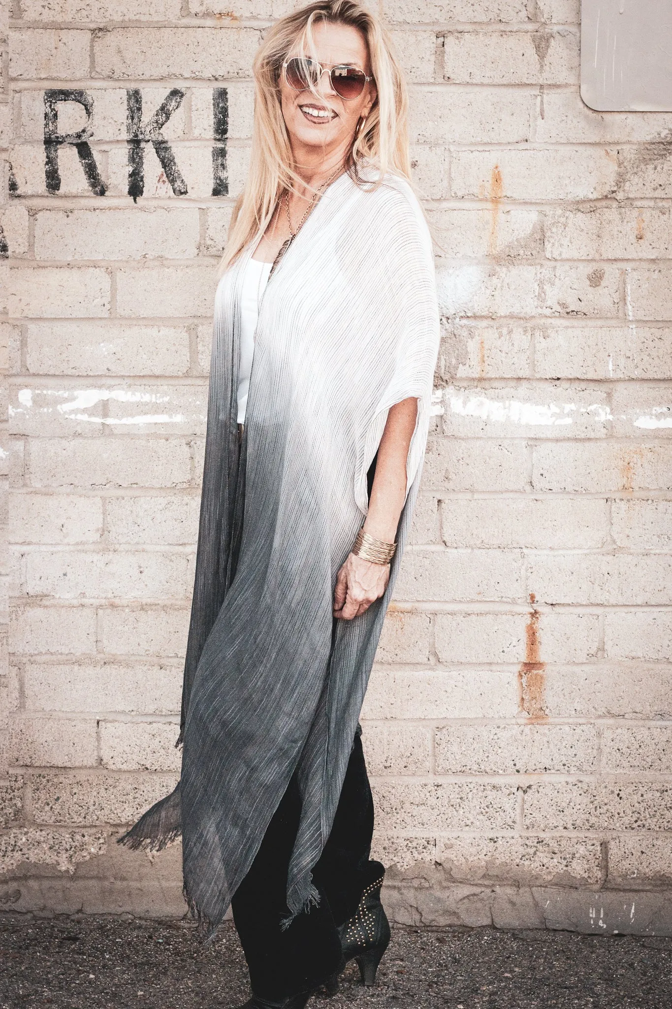 White to Charcoal Ombre Open Front Kimono