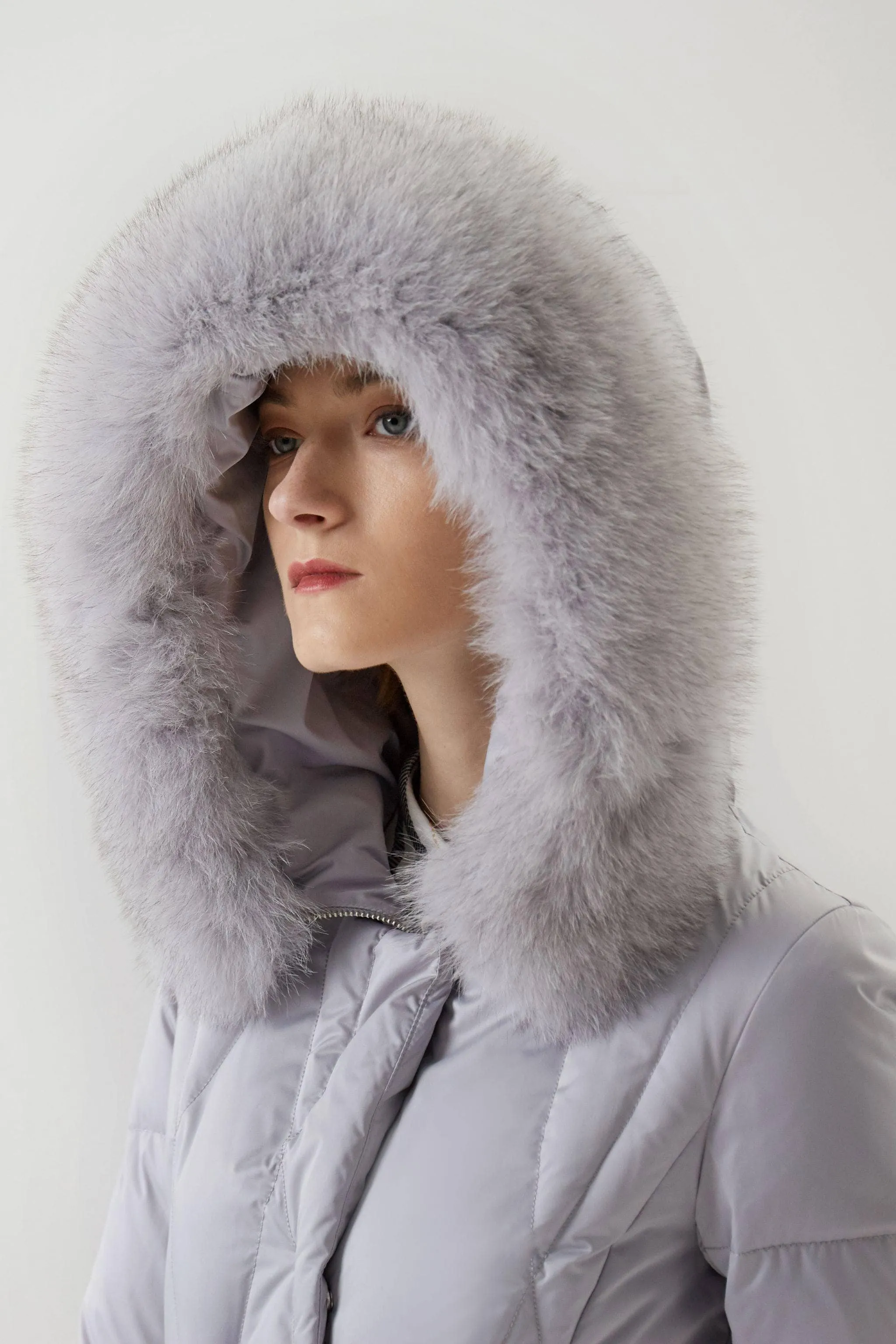 Women's fur hood trim long down jacket